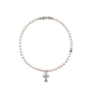 Chrome Hearts Mikimoto 18K White Gold Cross Akoyo Pearl Necklace