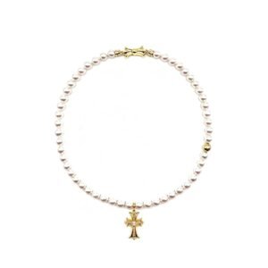 Chrome Hearts Mikimoto 22K Gold Cross Akoyo Pearl Necklace