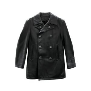 Chrome Hearts Silver Filigree Cross Patch Double Breasted Black Leather Jacket